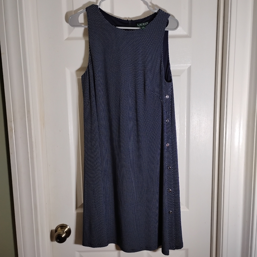 Knit Sleeveless Blue White Polka Dot Midi Lined Dress LAUREN Ralph Lauren